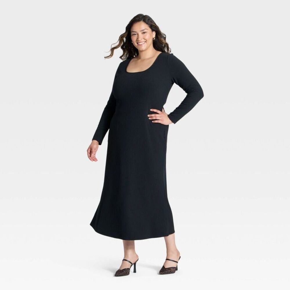 Women's Long Sleeve Rib-Knit Maxi Dress - A New Day Black XXL